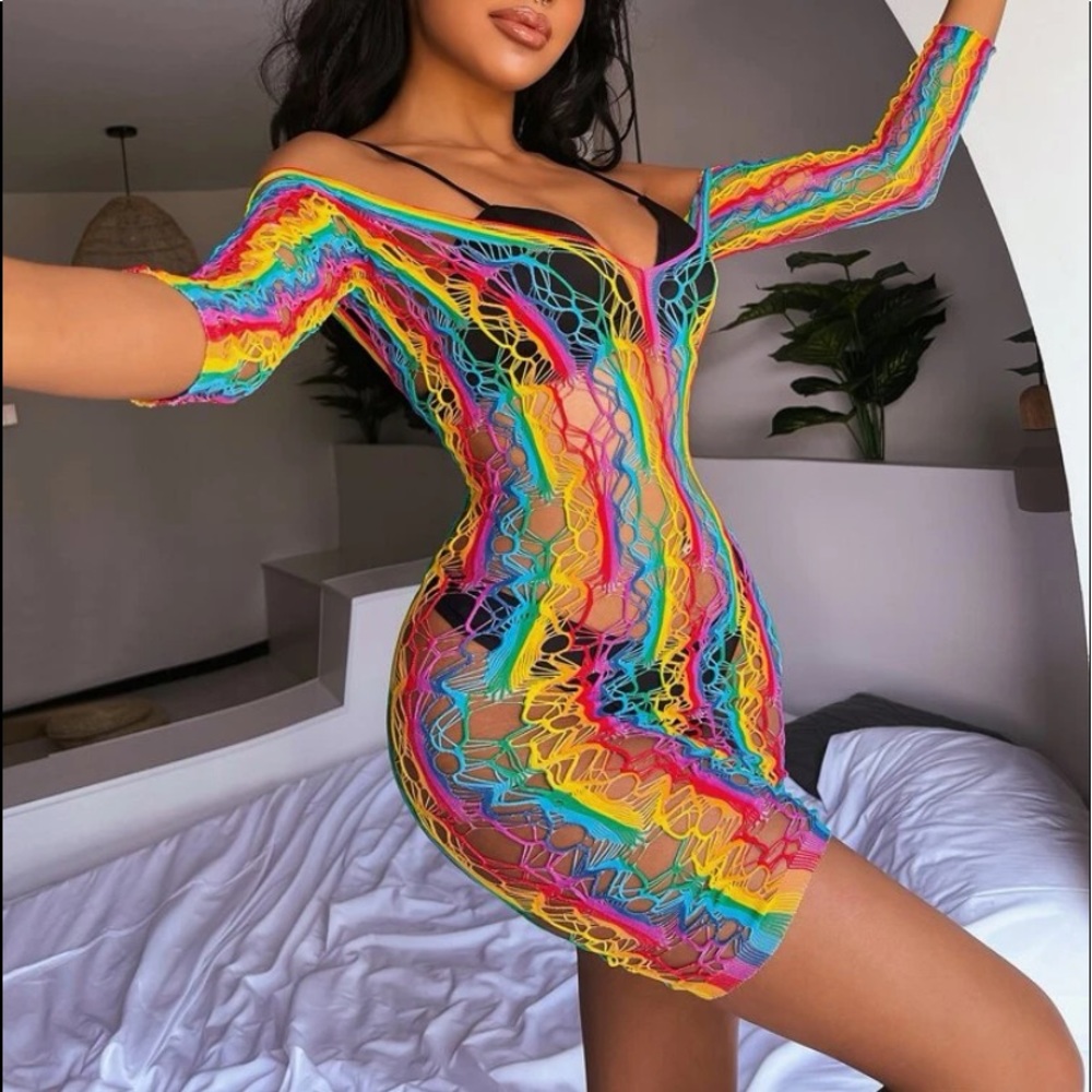 Beautiful off the shoulder rainbow knitted dress.